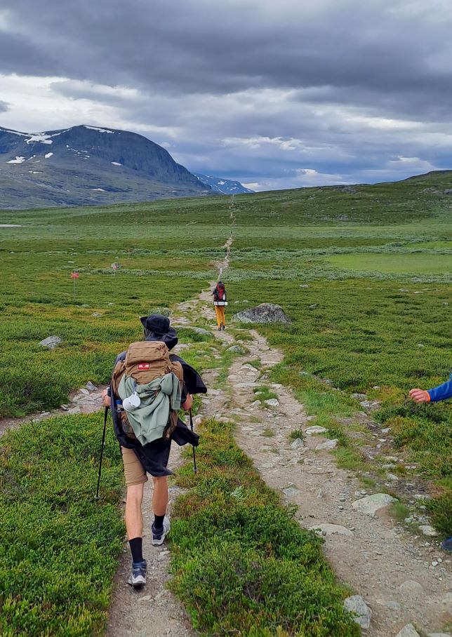 A lone hiker with a large backpack walks along a winding path on the Kungsleden trail, moving toward the distant horizon. The photo is taken from behind, showing the trail as it disappears into the landscape.