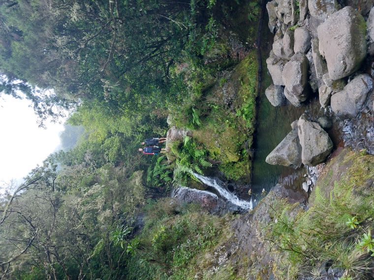 Maxi and Jonas are standing on top of a waterfall, overlooking the evergreen valley of Ribeiro Frio.