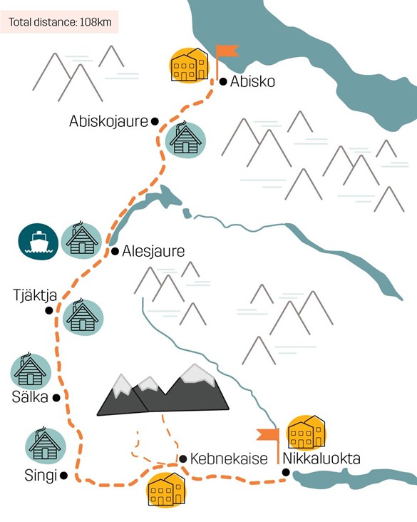 A map of the Kungsleden trail, appearing as though it was drawn by a child, which was brought by Maxi for the hike.