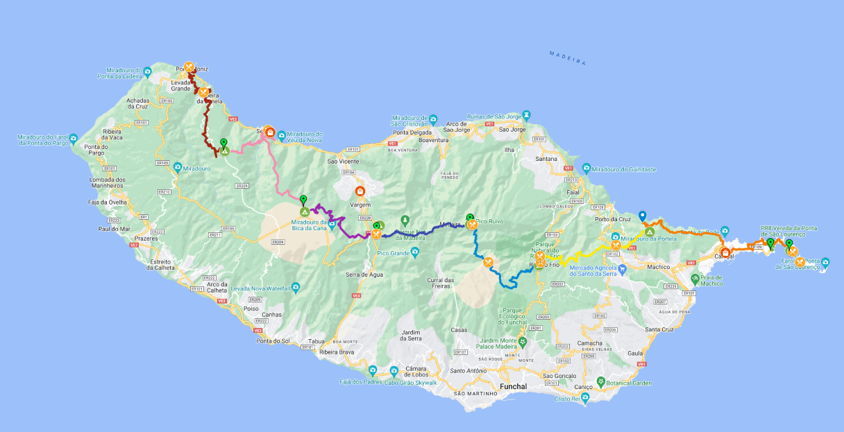 A map showcasing a 7-day hiking route across the island of Madeira, illustrating a path taken from east to west.